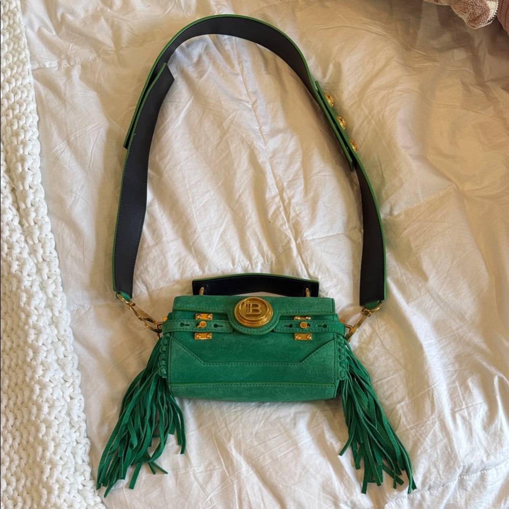 Balmain Green Suede Fringe Crossbody Bag with Gold Hardware